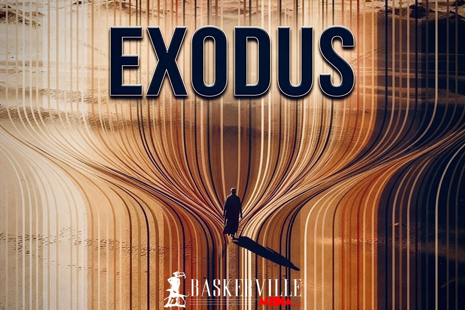 Exodus album art &mdash; a lone figure walking a desert path that folds into converging vertical lines, Baskerville Media wordmark below.